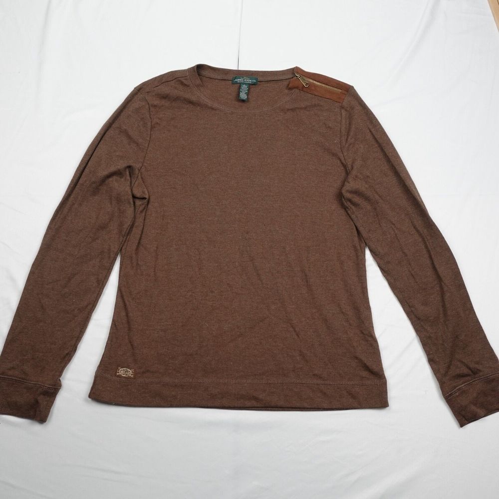 Ralph Lauren Shirt Men Medium Brown Pullover Crew Neck Leather Elbow Patch
